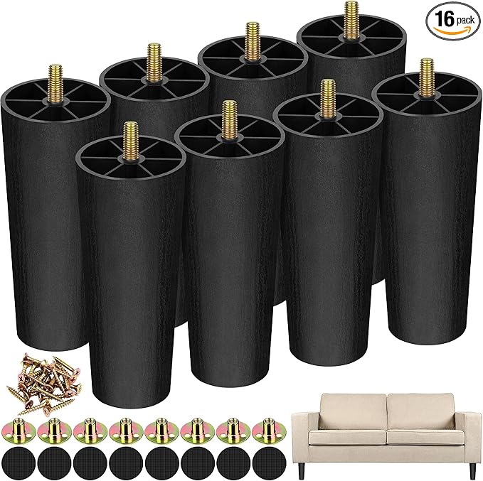 TURSTIN 16 Pack 6 Inch Plastic Furniture Legs with M8 T-Nuts Screws Tapered Sofa Couch and Chair Legs Replacement Furniture Legs for DIY Projects Sofas Coffee Tables Dressers Beds