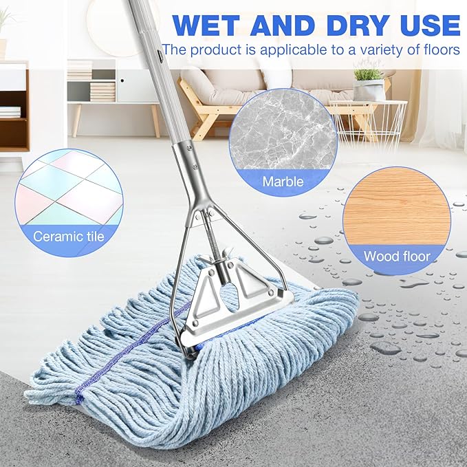String Mop Heavy Duty for Floor Cleaning- Industrial Commercial Wet Mop with 59inch Mop Handle for Home Garage Office Workshop Warehouse Floor Cleaning