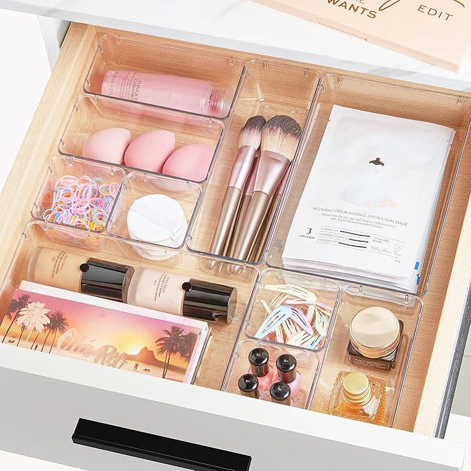 Vtopmart 72 PCS Clear Plastic Drawer Organizers Set, 4-Size Versatile Bathroom and Vanity Organizer Trays, Non-Slip Storage Containers for Makeup, Jewelries, Bedroom，Kitchen Utensils and Office