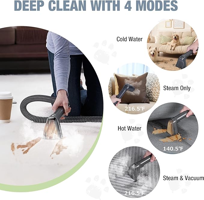 WORKPRO Steam Portable Carpet and Upholstery Cleaner, 16KPa Upholstery Cleaner Machine with Steam & Heating System, 4 Cleaning Modes & Versatile Tools, Spot Cleaner for Pet Stains, Couch, Car Seat