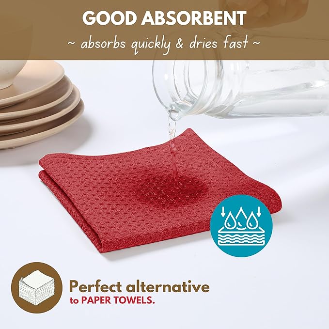 Native Fab Cotton Kitchen Towel with Hanging Loop 16x26 inches, 4-Pack, Waffle Weave Kitchen Towels for Cleaning Drying, Washcloths Soft & Absorbent Cloth Rags, Bar Towel, Dish Cloth, Red