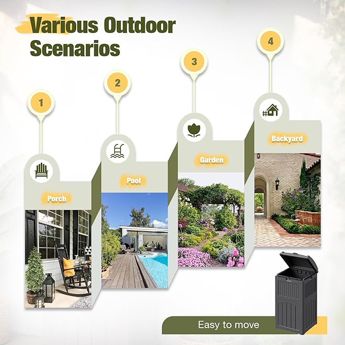 Devoko 33 Gallon Outdoor Trash Can, Hideaway Garbage Bins with Tiered Lid, Waterproof Resin Outside Waste Bins for Patio, Outside Pool, Backyard and Deck (1, Gray)