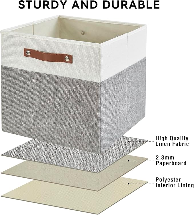 Collapsible Fabric Storage Cube Bins with 2 Reinforced PU Handles, Foldable Storage Organizer Baskets for Closet, Shelves, Living Room | 13"x13"x13", 4 Pack, Gray & White