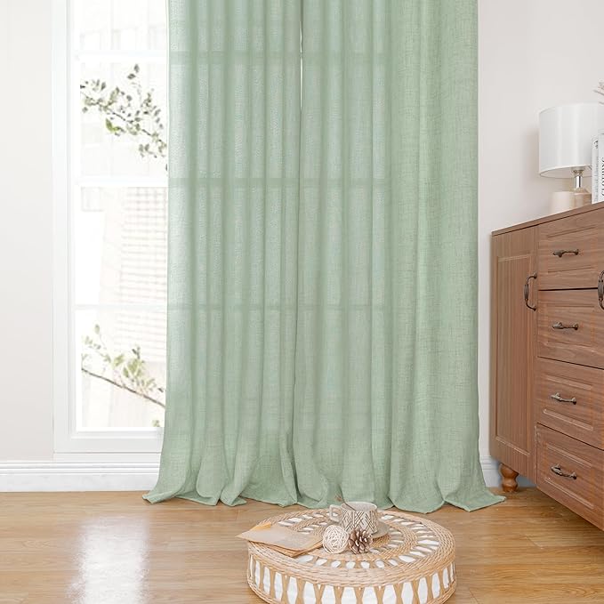 YoungsTex Sage Green Short Linen Curtains 48 Inch Length for Kitchen, Semi Sheer Small Window Drapes Rod Pocket Back Tab Light Filtering for Living Room Cafe Spring Decor, 2 Panels, 42 X 48 Inch