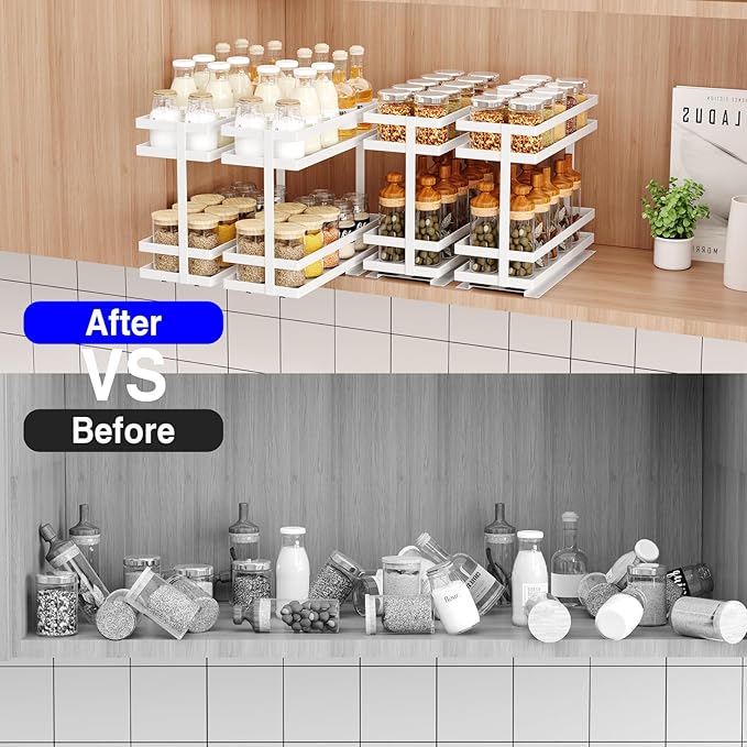 Pull Out Spice Rack Organizer for Cabinet, 2 Tier Metal Slide Out Seasoning Organizer and Storage Heavy Duty Vertical Spice Rack Shelf Pullout for Kitchen Cabinets No Drilling(1 Pack, White)