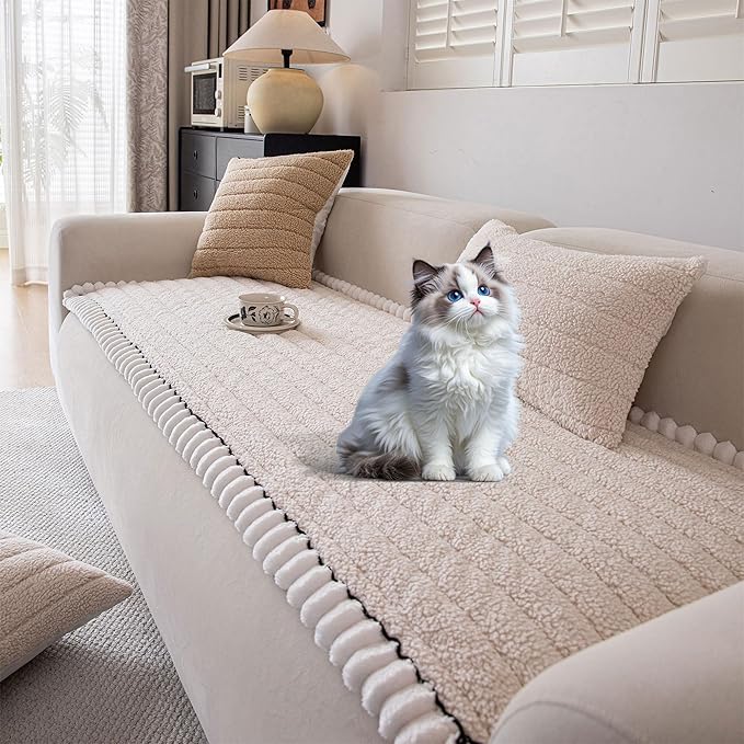 OTOB Couch Covers for Sofa Pet Friendly, Washable & Non Slip Fuzzy Dog Couch Cover Sofa Slipcovers Love Seat, Soft Plush Cozy Furniture Protector Cushion Mat, All Seasons (Beige, 27.6" x 59.1")