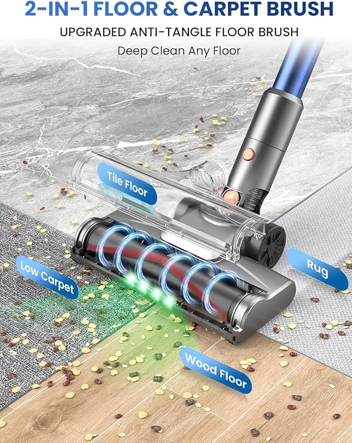Dzaki Cordless Vacuum Cleaner, Stick Vacuum with Smart LED Display, 50KPA 55Mins Vacuum Cleaners for Home, Powerful Suction, Anti-Tangled Lightweight Rechargeable Vac for Pet Hair, Carpet, Hard Floor