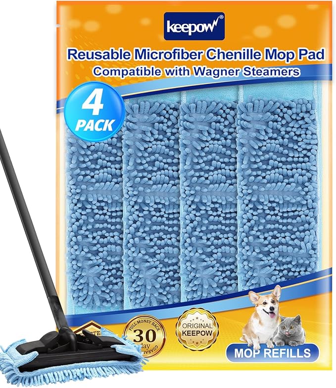 KEEPOW Microfiber Steam Mop Pad Compatible with Wagner Steamer 905e, 915e and 925e Microfiber Pads, Machine Washable Reusable Microfiber Chenille Replacement Pads, 4 Pack (Mop is Not Included)
