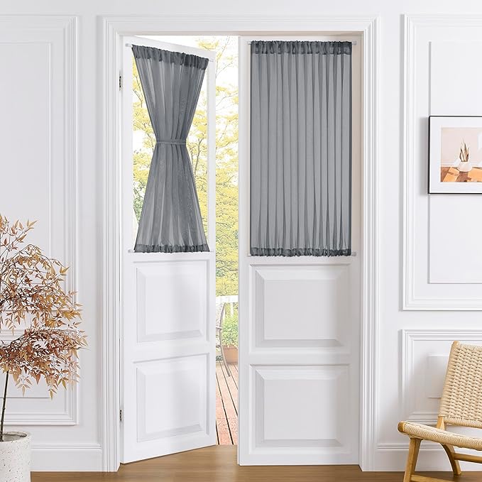 Tollpiz Small Sheer Door Curtain Closet Linen Textured Curtain Sheers Doorway Light Filtering Voile French Door Rod Pocket Curtains Patio Glass Door, 25 x 40 inches Long, Dark Grey, Set of 1 Panel