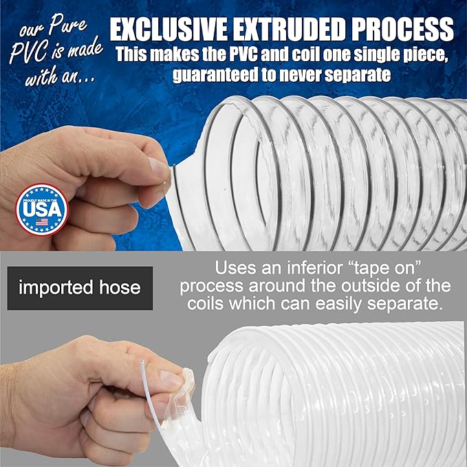 2-1/2" x 20' PVC Dust Collection Hose, Puncture Resistant, Carbon Steel Wire, Clear Flexible PVC Dust Collector Hose, Proudly Made in USA