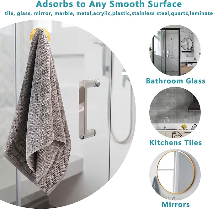 Suction Cup Hooks for Shower,Wreath Hanger for Front Door,Removable No Drill Towel Loofah Hooks,Upgraded 15 lbs Strong Suction for Bathroom,Wall,Glass,Stainless Waterproof- Black Gold 2 Pcs