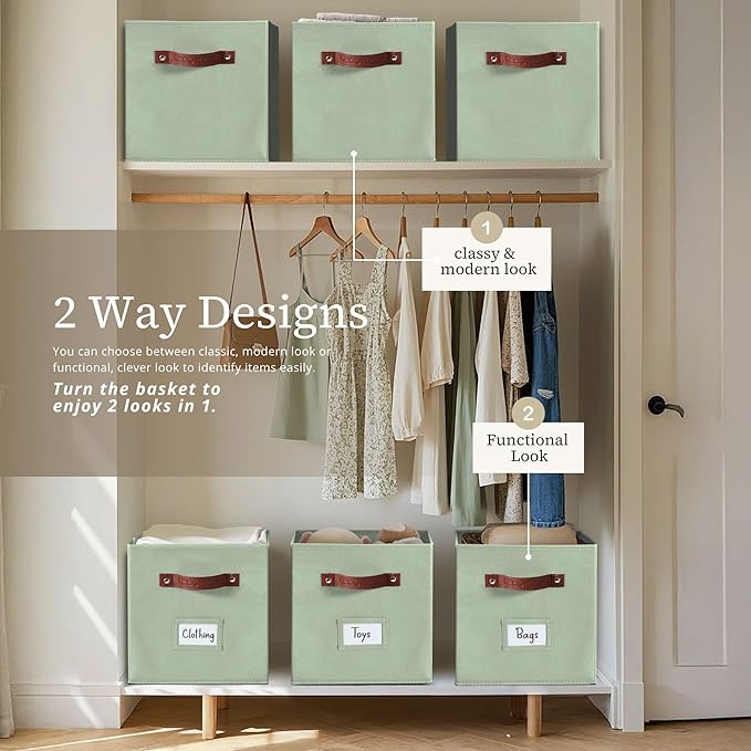 DECOMOMO Storage Baskets, 13x15x13 Storage Cube Bins with Labels for Organizing Shelves Kallax (Kallax / 4pcs, Sage Green)