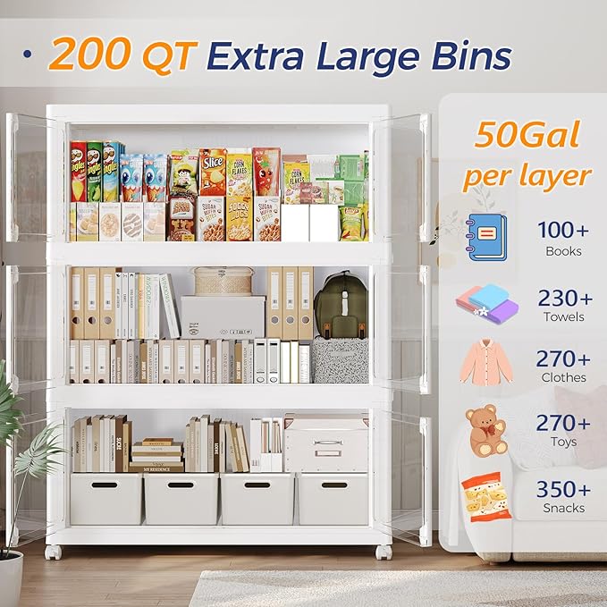 150GAL Large Stackable Storage Bins with Lid and Wheels, 600Qt Collapsible Organizer Cabinet with Clear Door, for Closet, Bedroom, Kitchen, Garage, 3-Pack White