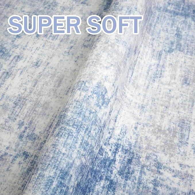 IOHOUZE Abstract Runner Rug 2x6 Ft Washable Runners for Hallways, Non Slip Kitchen Runner Printed Faux Wool Entryway Runner Indoor, Modern Abstract Floor Carpet for Hall Bedroom, Light Blue White