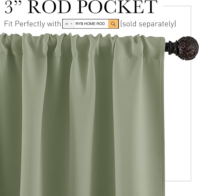 RYB HOME Sage Green 72 inch Curtains for Living Room, Blackout Window Drapes Light Blocking and Noise Reducing Panels for Boys Bedroom Nursery, W 42 x L 72 inchs, Set of 2, Sage Green