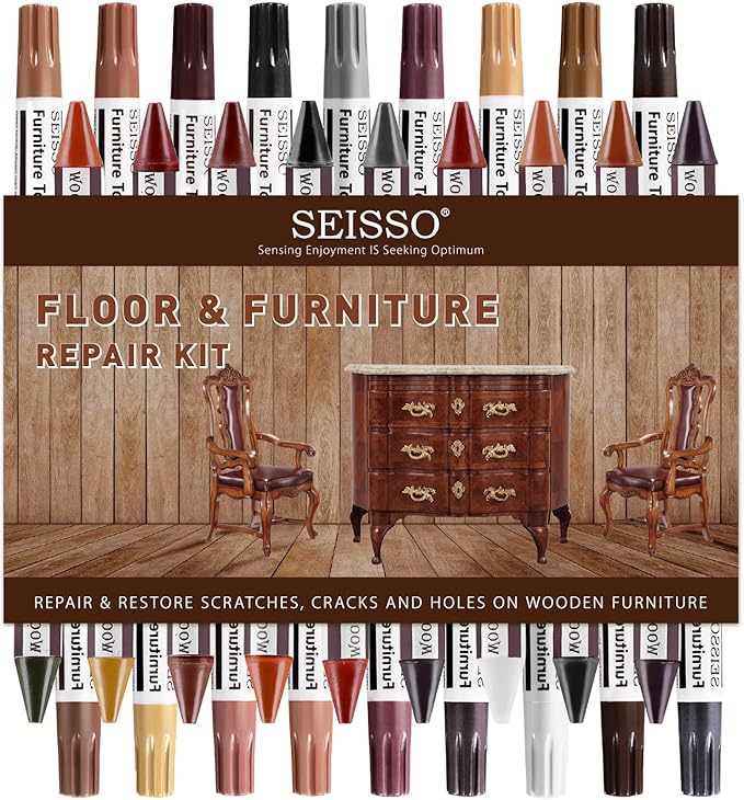 SEISSO 18 Colors Wood Wax Sticks ＆ Wood Markers Furniture Repair Kit - Set of 39 - Wood Floor Scratch Repair, Furniture Markers Touch Up Restore Wood Floors, Tables, Holes, Laminate, Carpenters