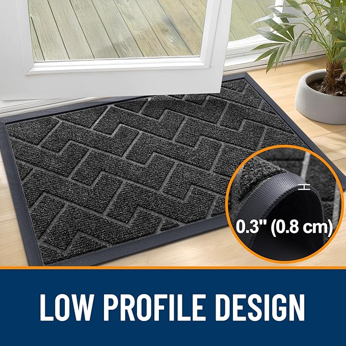 OLANLY Front Door Mat Indoor Outdoor Entrance, Waterproof All-Season, All-Weather Doormat, Sturdy Natural Rubber, Low Profile, Easy Clean Patio Porch Entryway Mat, Herringbone Brick (Black, 47x32)