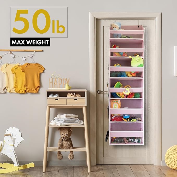 HOMELUX THEORY 1 PC Heavy Duty Over the Door Organizer 55x14x6.7, 6 Large Front & 12 Side Pockets, Hanging Storage Closet Door Organizer for Bedroom, Bathroom and Baby Nursery Storage (Baby Pink)