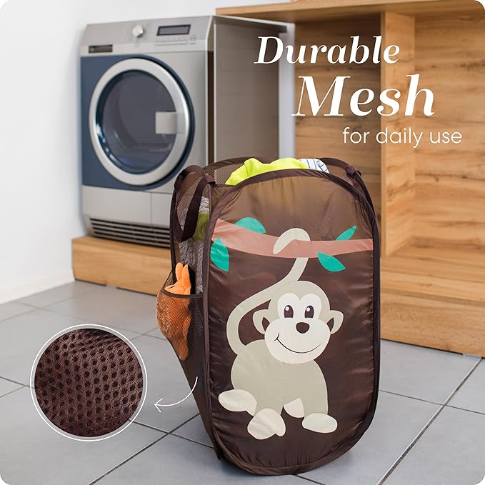 Handy Laundry Collapsible Mesh Pop Up Hamper with Wide Opening and Side Pocket - Breathable, Sturdy, Foldable, and Space-Saving Design for Clothes and Storage (Monkey)
