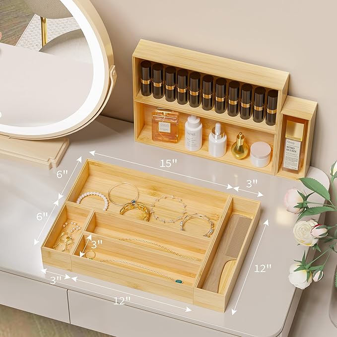 Kitchen Drawer Organizer Tray, Stackable Bamboo Deep Drawer Organizer for Large Silverware, Utensils, Cutlery, Flatware,Junk Drawer, Dresser, Bathroom, 17" x 6" x 2.5" (Set of 2)