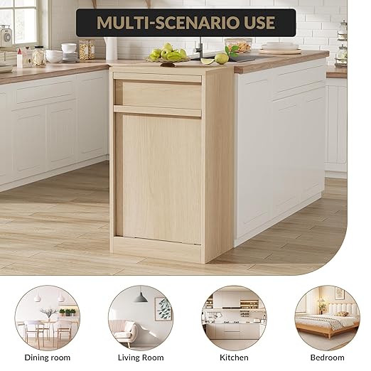 Tilt Out Trash Cabinet, Natural Wood Hidden Garbage Can Cabinet for 10 Gallon Bins, Modern Pet-Proof Trash Cabinets for Kitchen, Dining, Living Room Storage