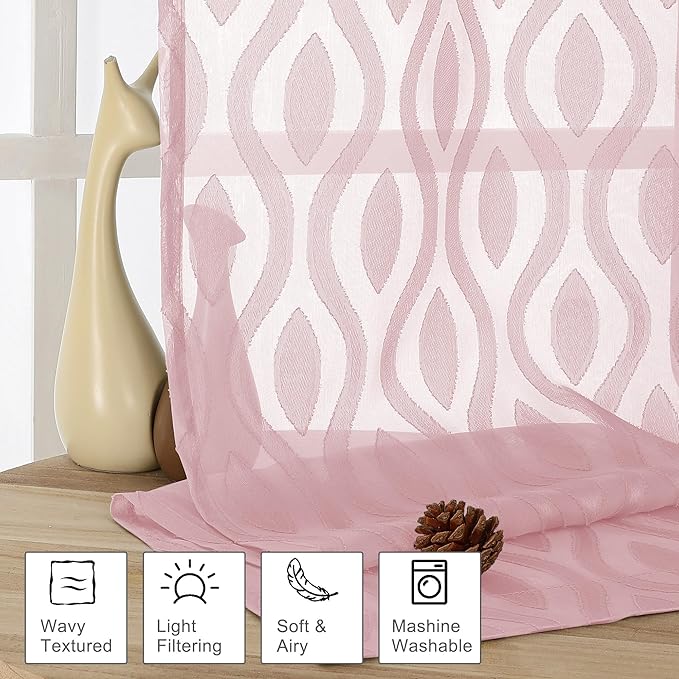 Aiyufeng Sheer Pink Curtain 45 Inch Length 2 Panels Set, Farmhouse Clip Jacquard Textured Short Window Curtains, Lightweight Chic Wavy Line See Through Curtains for Bedroom, 40" Wx45 L Inches
