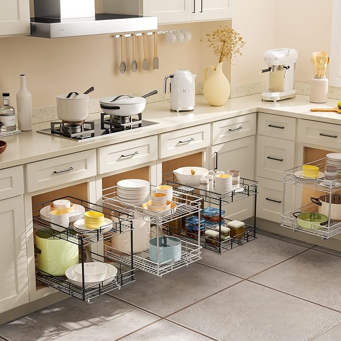 ROOMTEC Pull Out Cabinet Organizer, Kitchen Cabinet Organizer and Storage 2-Tier Cabinet Pull Out Shelves for Kitchen,Under Sink Organizers and Storage 17" W x 21" D Chrome