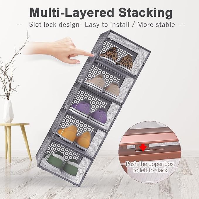 Kuject Large Shoe Organizers Storage Boxes for Closet, 12 Pack Clear Plastic Stackable Storage Bins with Lids, Under Bed Shoe Containers for Entryway, Drop Front, Fit up to Women's Size 10,Dark Gray