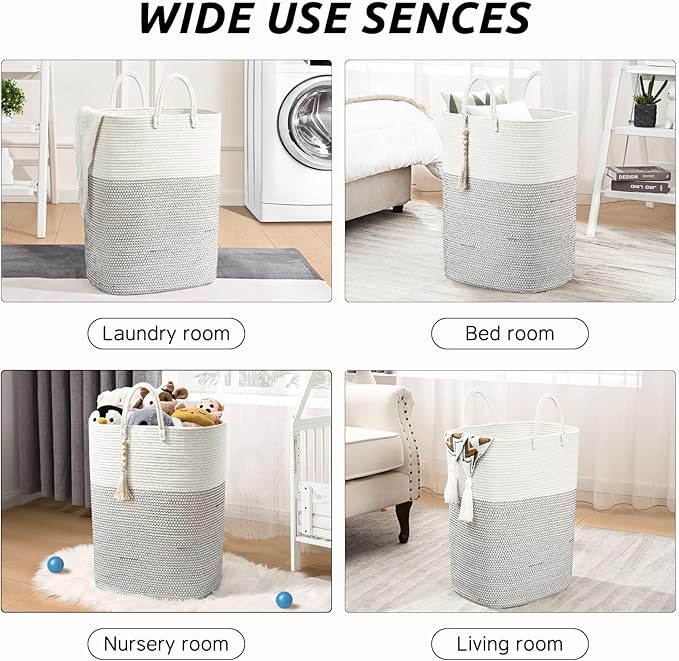 Woven Laundry Basket for Clothes, 50 L Large Rectangle Laundry Hampers with Beads Tassel, Nursery Storage Basket for Toys, Tall Dirty Clothes Hamper for Bedroom Aesthetic, Laundry Room Organization