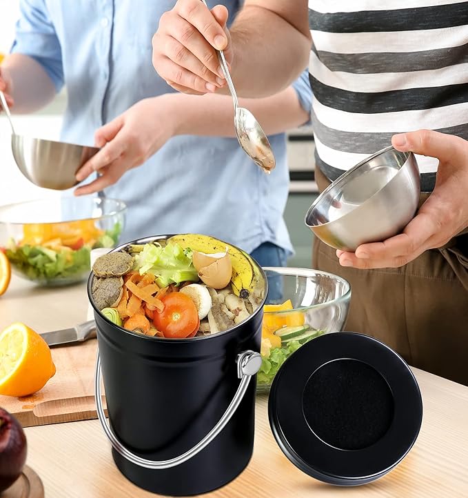 Utopia Kitchen Compost Bin for Kitchen Countertop, 1.3 Gallon Compost Bucket for Kitchen with Lid, Includes 1 Spare Charcoal Filter (Black)