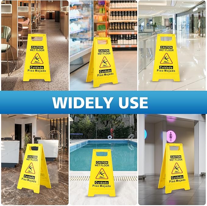 4-Pack Caution Wet Floor Sign,17.5" Height,Bright Yellow Double-Sided Folding A-Shaped Frame Design, Bilingual Caution Message