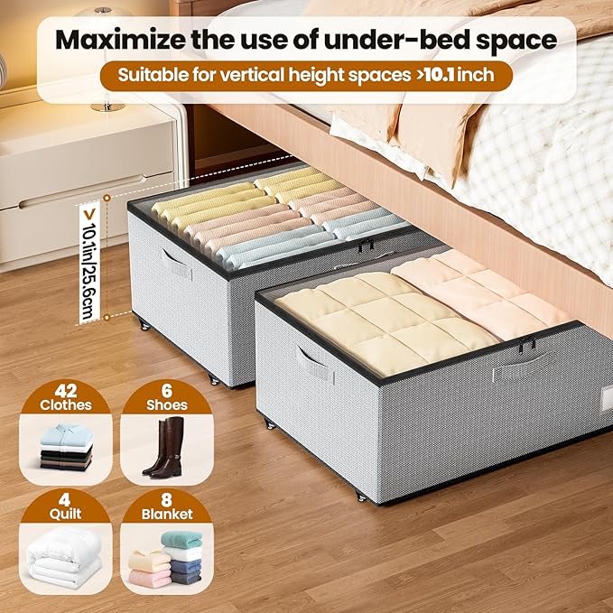 Underbed Storage with Wheels, 2 Pack Under Bed Storage Containers with Clear Lids, No Assembly Required 10.1 inch Rolling Under Bed Storage for Clothes, Grey