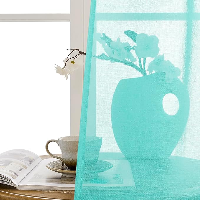 Tollpiz Sheer Door Curtain Closet Linen Textured Curtain Sheers Doorway Light Filtering Voile French Door Rod Pocket Curtains Patio Door, 25 x 80 inches Long, Aqua Blue, Set of 1 Panel