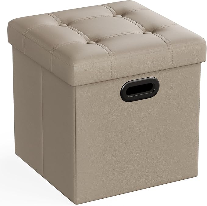 SONGMICS Mazie Collection - 15 Inches Ottoman with Storage, Footstool, Storage Ottoman with Metal Handles, Load 660 lb, for Dorm, Living Room, Bedroom, Synthetic Leather, Camel Brown ULSF030K03