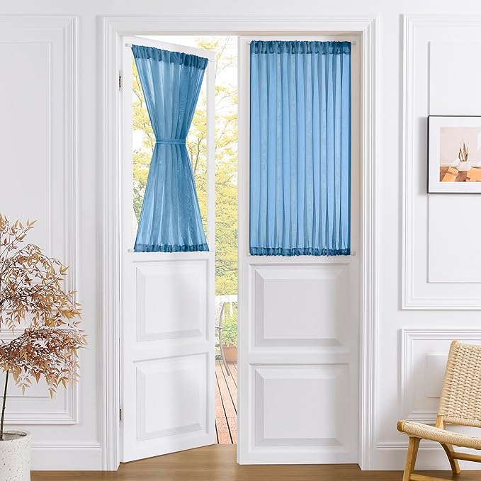 Tollpiz Sheer Curtains Closet Linen Textured Curtain Sheers Doorway Light Filtering Voile French Door Rod Pocket Curtains Patio Glass Door, 54 x 63 inches Long, Classic Blue, Set of 1 Panel