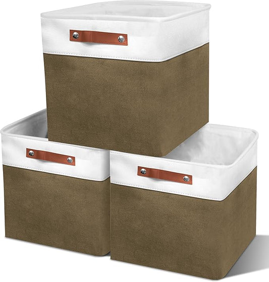 13in Open Fabric Storage Basket with Leather Handles for Organizing, Collapsible Linen Closet Bins for Shelves, Closets, Laundry, Decorative Basket for Gifts. (White＆Brown, 3PCS/13x13in)