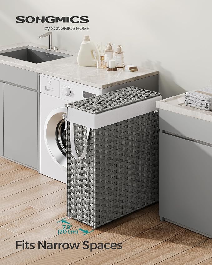 SONGMICS Slim Laundry Hamper with Lid, 14.5 Gallon (55L) Rattan Clothes Laundry Basket with Lid and Handles, Foldable, Removable Liner, Dove Gray ULCB164G01