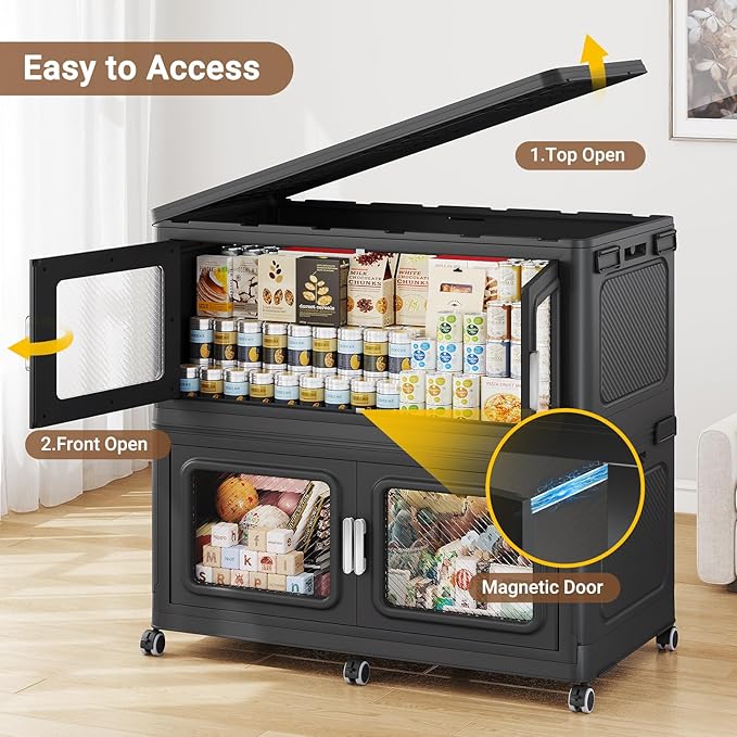 BROVIEW 660 Qt Stackable Storage Bin with Lids, 165Gal Extra Large Collapsible Storage Boxes, Folding Plastic Drawer, Heavy-Duty Store Cabinet, Closet Organizer for Home Kitchen, 3 Pack Black