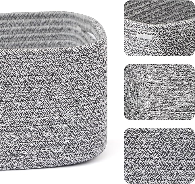 Small Storage Baskets for Organizing | Closet Organizer Bins | Shelf Toy Basket | Woven Rope Baskets | Cube Decorative Box | Shallow Basket | 13x8.5x5.1” | 4 Packs Mixed Grey