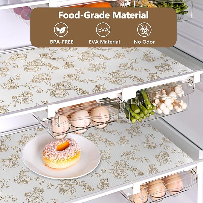 Shelf Cabinet Liner for Kitchen- Non Adhesive Drawer Liner Refrigerator Liner, Premium Waterproof Shelf Paper Protect Surface, Non Slip Easy to Clean Durable EVA Material, Gold Roses, 18 in x 30FT