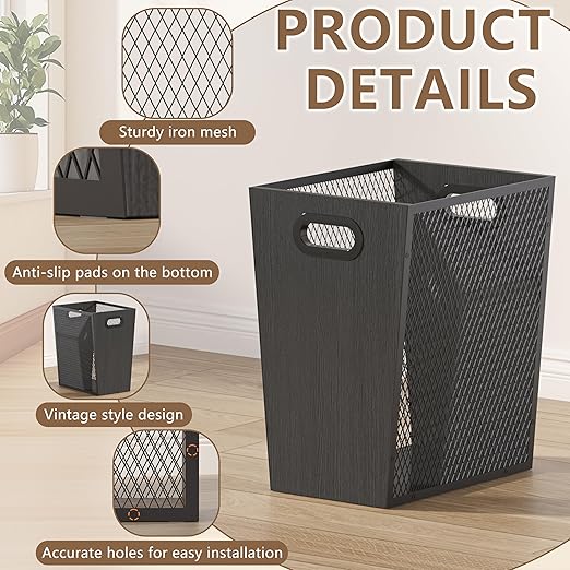 Piskyet Black Office Trash Can for Near Desk,4.5 Gallon Unique Wood Bedroom Garbage Can,Vintage Wastebasket with Handle, Decorative Trash Can for Home Office,2pack 10.8" L x 7.8" W x 11.8" H