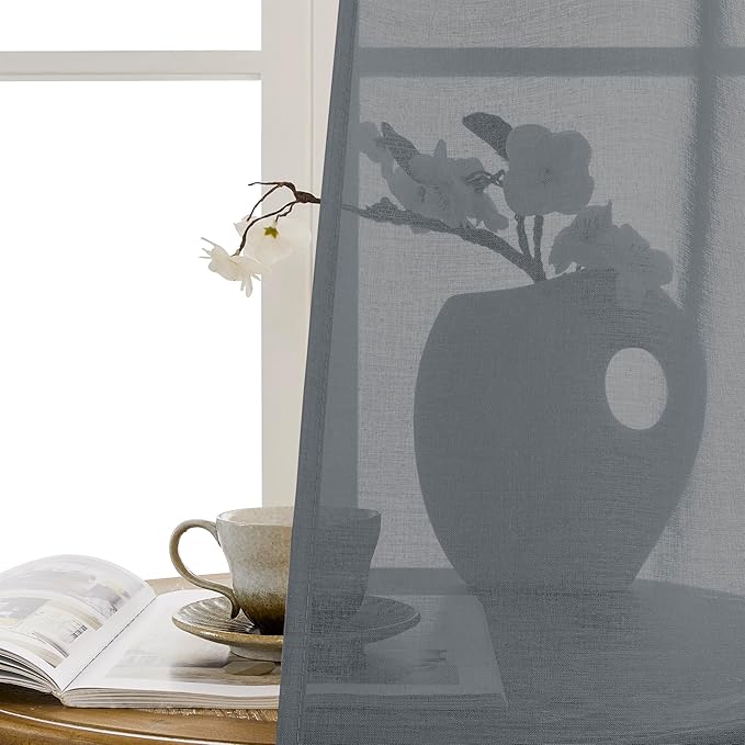 Tollpiz Short Sheer Linen Textured Curtain Sheers Doorway Light Filtering Voile Patio Glass Door Rod Pocket Curtains French Door, 54 x 54 inches Long, Dark Grey, Set of 1 Panel