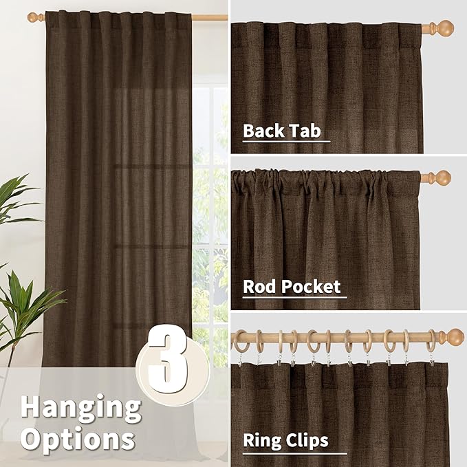 YoungsTex Dark Brown Linen Curtains for Living Room 2 Panels, Chocolate Light Filtering Window Drapes with Rod Pocket Back Tab Textured Semi Sheer for Dining Bedroom, 52 X 72 Inch