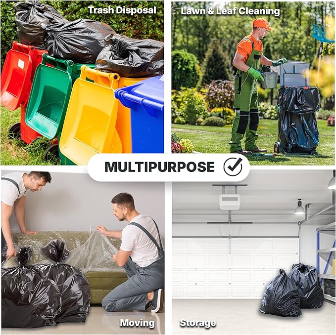 55-60 Gallon Trash Bags, 30 Micron Heavy Duty Pure LDPE Garbage Can Liners, 36" x 58" Large, Black, 100 Count