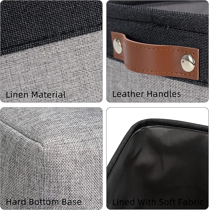 DULLEMELO Large Collapsible Storage Basket/Bin with Sturdy Leather Handles, Fabric Organizer Bin for Storage Clothes, Toys, Books, Office, Bedroom, Closet, Nursery & Laundry (Black&Gray)