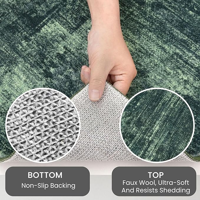 IOHOUZE Abstract Area Rugs 8x10 Ft Washable Large Rugs for Living Room, Non Slip Dining Room Rug, Printed Faux Wool Rugs for Bedroom, Floor Carpet for Office Nursery Playroom, Dark Green