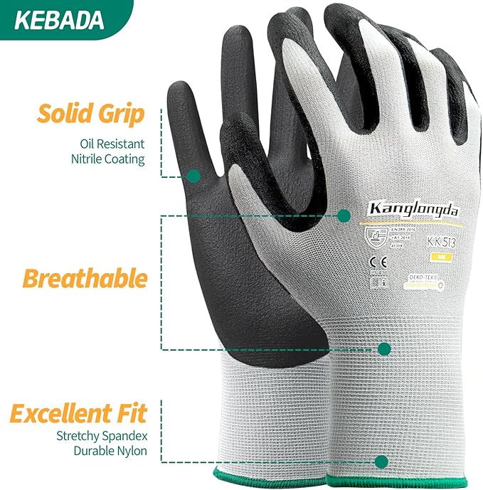 6-Paris Medium Work Gloves for Men and Women, Nitrile Coated Safety Protective Gloves with Grip, Ideal for Gardening, Warehouse, Mechanic, Light Duty Construction Work