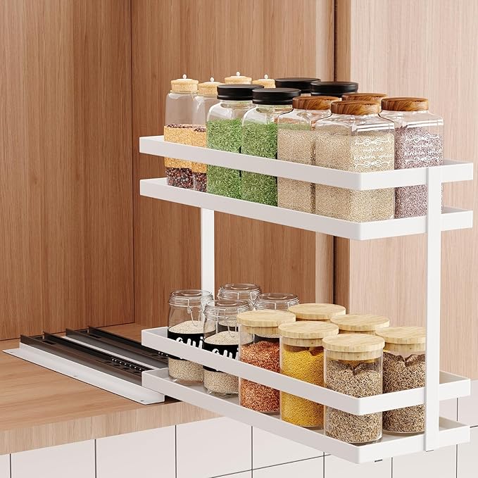 Pull Out Spice Rack Organizer for Cabinet, 2 Tier Metal Slide Out Seasoning Organizer and Storage Heavy Duty Vertical Spice Rack Shelf Pullout for Kitchen Cabinets No Drilling(1 Pack, White)