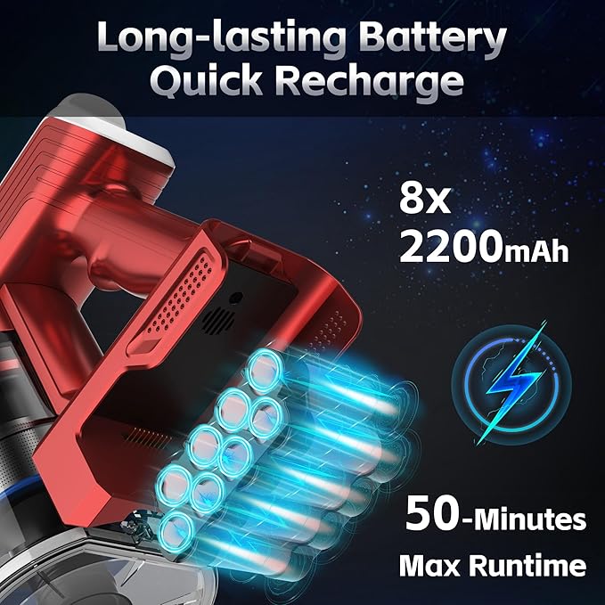 Cordless Vacuum Cleaner for Home, 45Kpa Lightweight Stick Vacuum with Powerful Suction, Rechargeable Battery Up to 50mins, Handheld Vacuum Cleaners for Hardwood Floors, Carpets, Pet Hair - Red