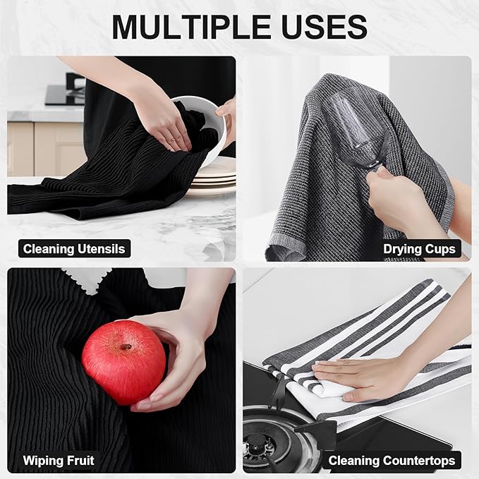 Homaxy Premium Kitchen Towels(18”x 28”, 12 Pack), Large Cotton 380 GSM Kitchen Hand Towels, Soft and Absorbent Terry Dish Towels, Multipurpose Tea Towel Set with Hanging Loop, Black